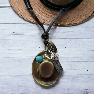 Western Cowboy Hat Cord Necklace 3D Bronze Pendant Horse Charms Cowgirl Jewelry